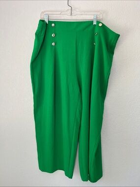 High-Rise Emerald Wide Leg Pants with Button Detail